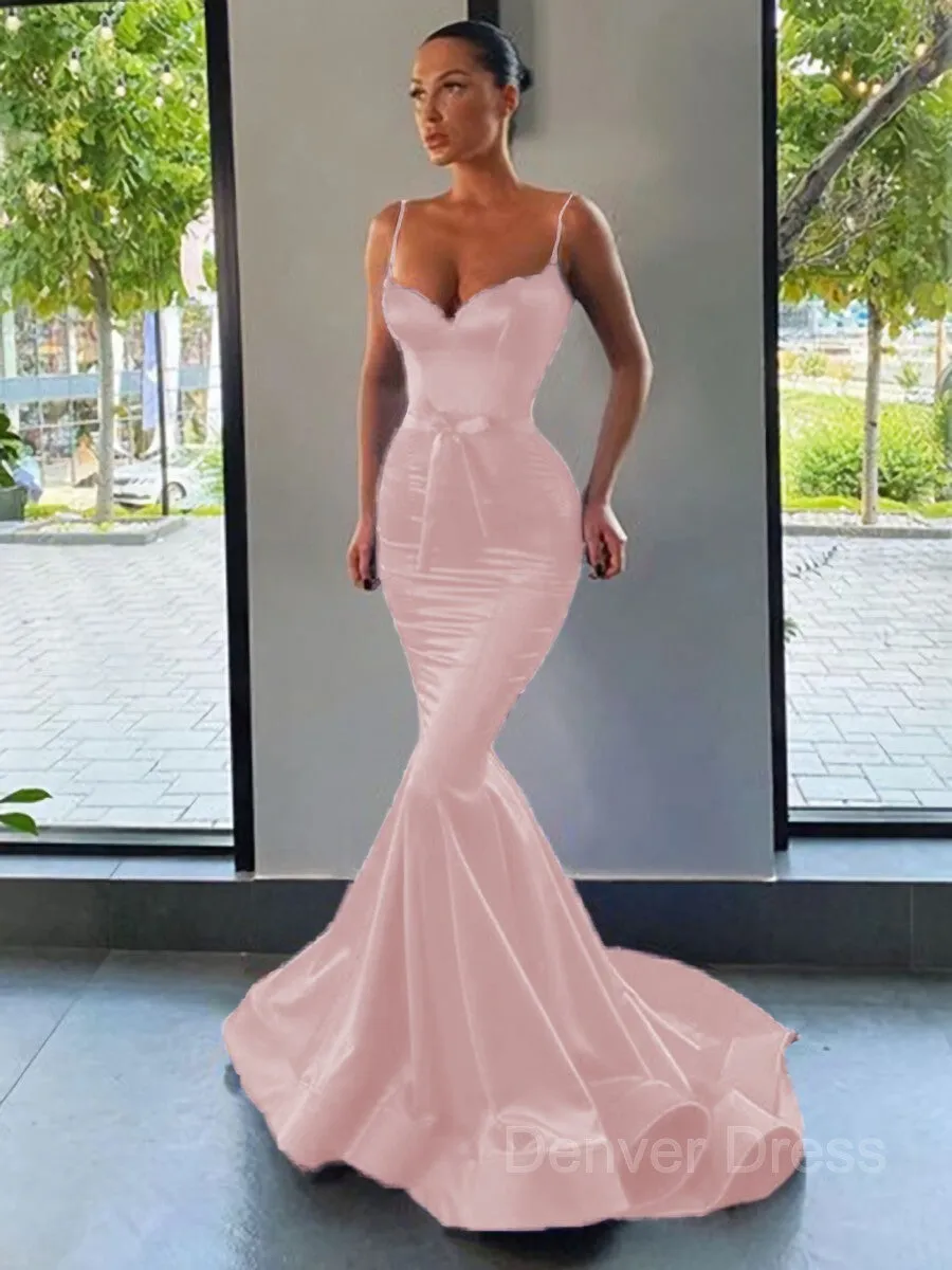 Mermaid Sweetheart Sweep Train Silk like Satin Prom Dresses With Sash