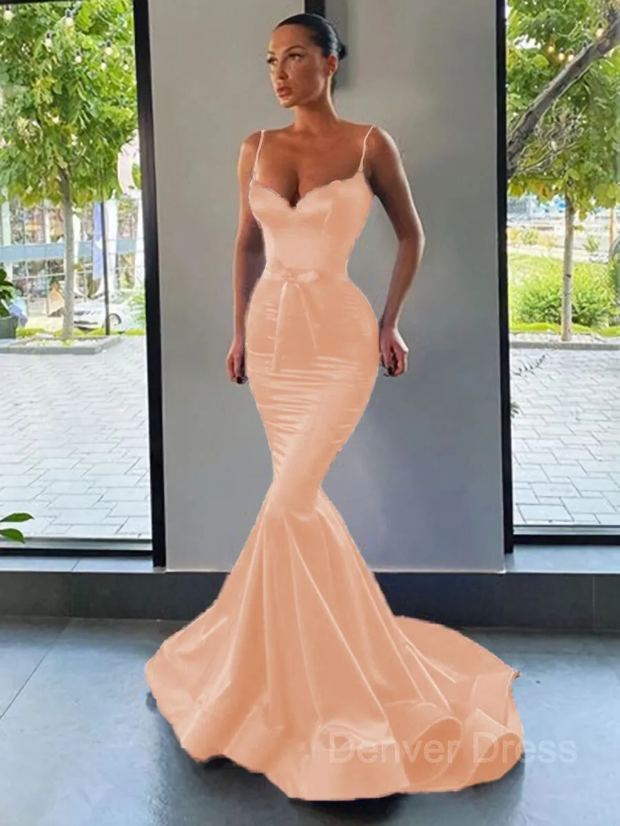 Mermaid Sweetheart Sweep Train Silk like Satin Prom Dresses With Sash