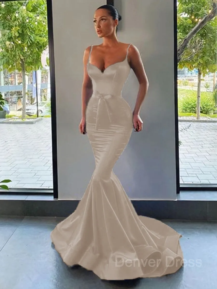 Mermaid Sweetheart Sweep Train Silk like Satin Prom Dresses With Sash