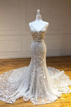 Mermaid V Neck Backless White Lace Long Prom Dresses Mermaid Ivory Lace Formal Dresses Ivory Lace Evening Dresses
