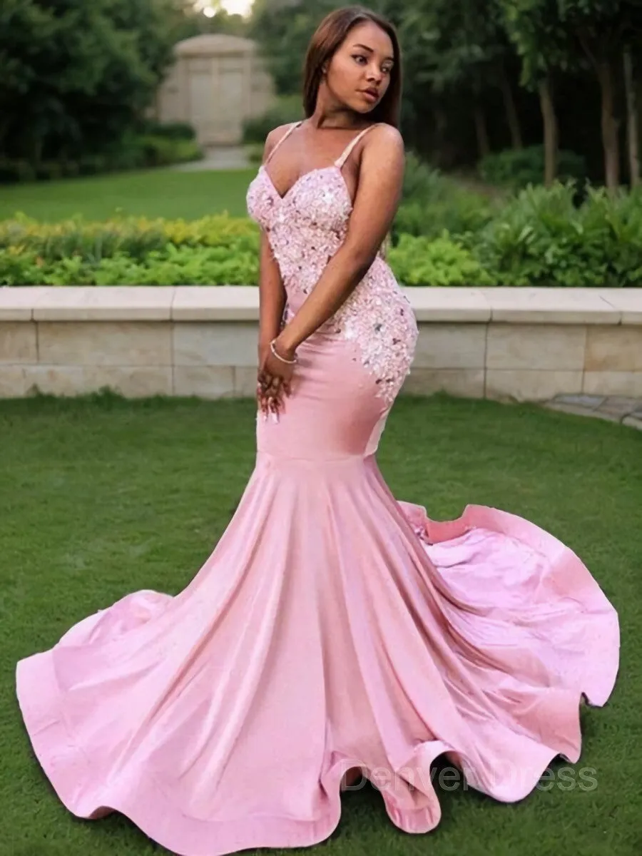Mermaid V-neck Sweep Train Silk like Satin Prom Dresses With Appliques Lace