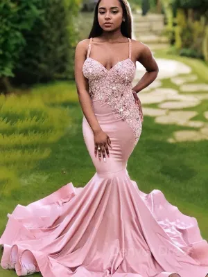 Mermaid V-neck Sweep Train Silk like Satin Prom Dresses With Appliques Lace