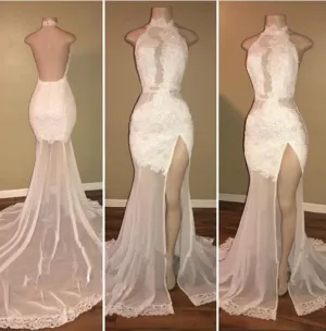 New Arrival Sheath White High Neck Side Slit Lace Backless See Through African Prom Dresses