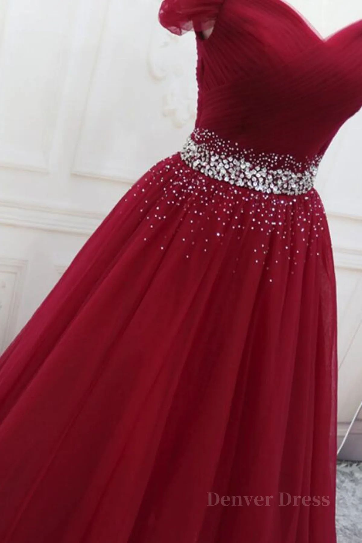 Off Shoulder Burgundy Tulle Long Prom Dresses with Sequins Burgundy Tulle Formal Evening Dresses
