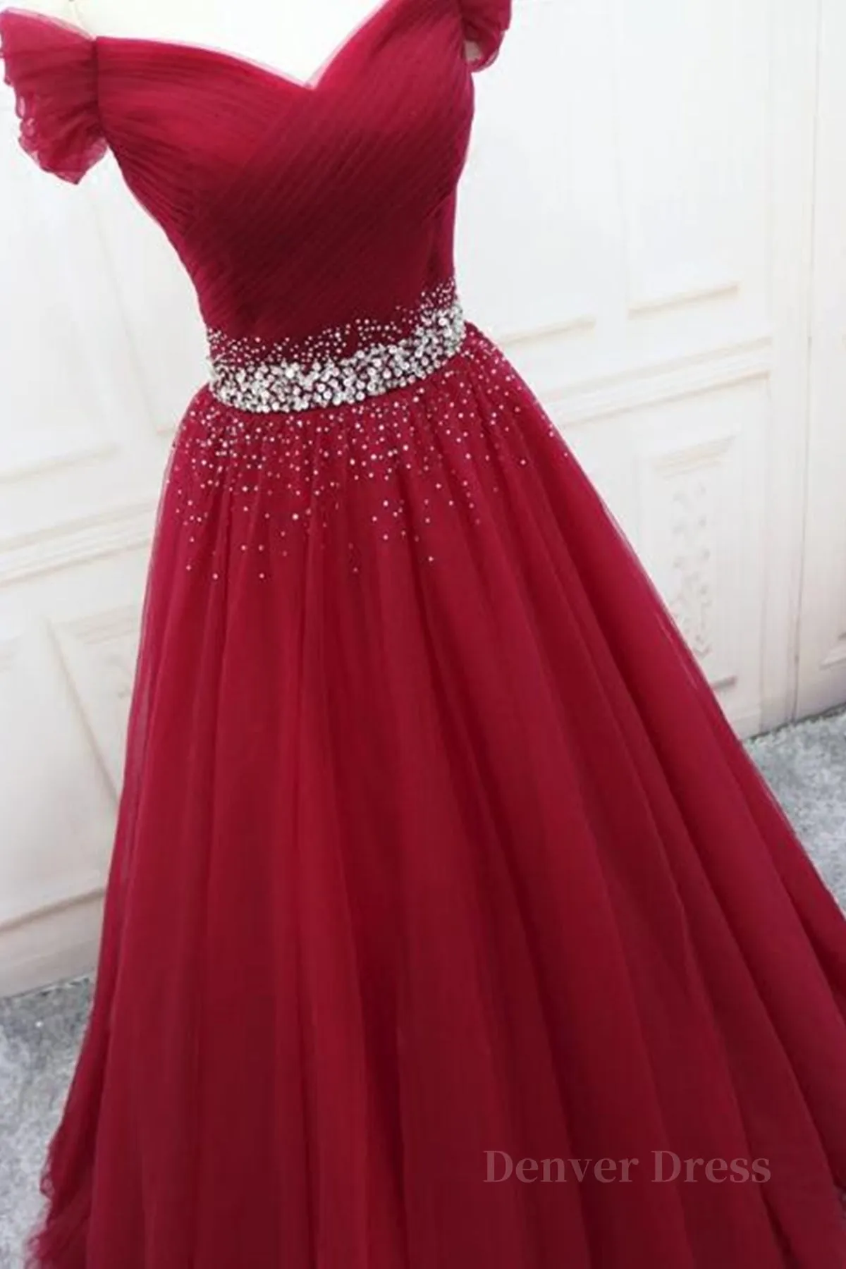Off Shoulder Burgundy Tulle Long Prom Dresses with Sequins Burgundy Tulle Formal Evening Dresses