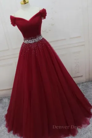 Off Shoulder Burgundy Tulle Long Prom Dresses with Sequins Burgundy Tulle Formal Evening Dresses