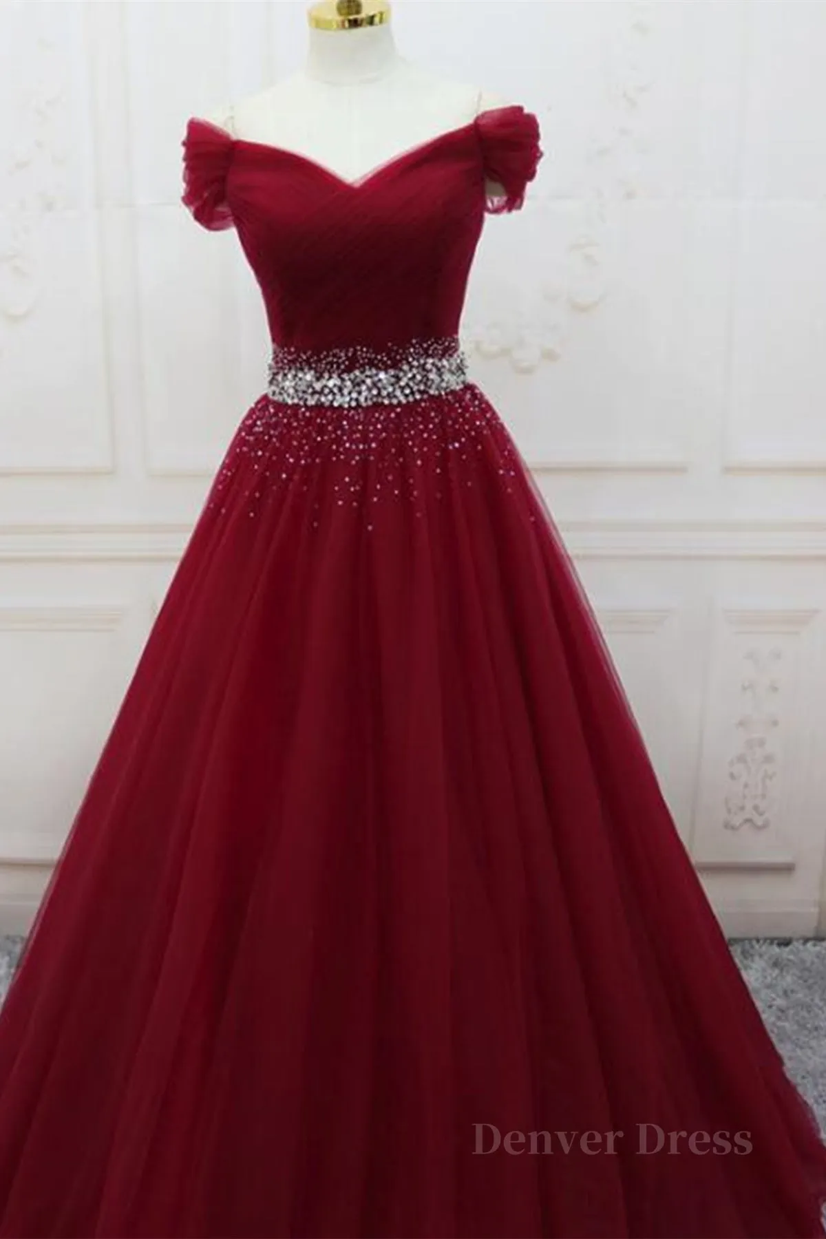 Off Shoulder Burgundy Tulle Long Prom Dresses with Sequins Burgundy Tulle Formal Evening Dresses