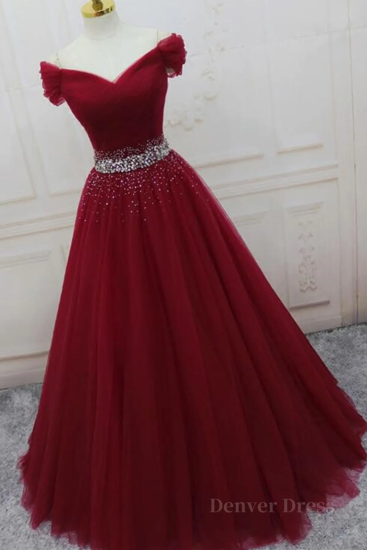 Off Shoulder Burgundy Tulle Long Prom Dresses with Sequins Burgundy Tulle Formal Evening Dresses