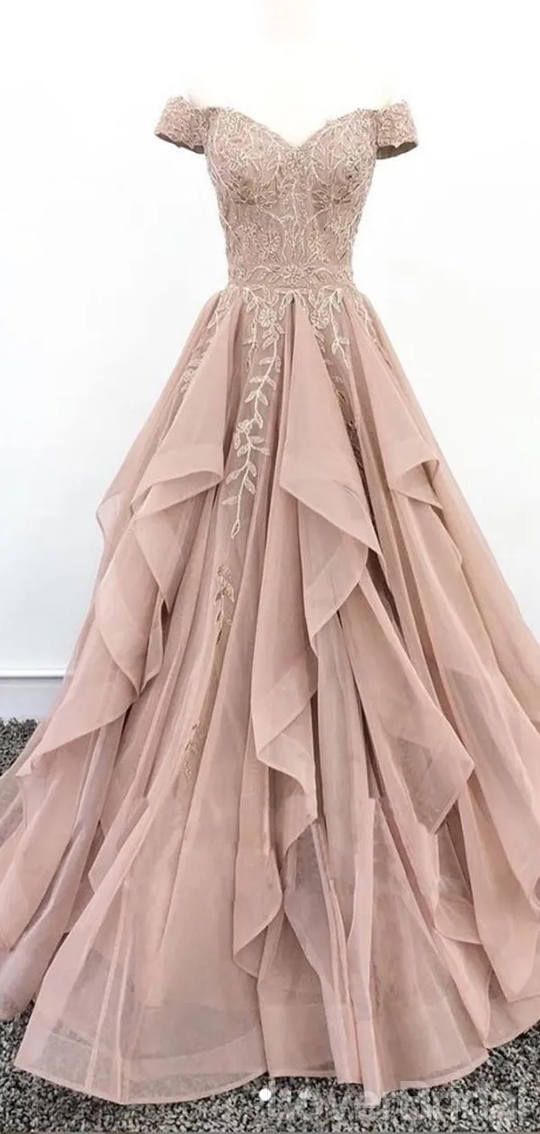 Off Shoulder Dusty Champagne Lace Long Evening Prom Dresses, Evening Party Prom Dresses