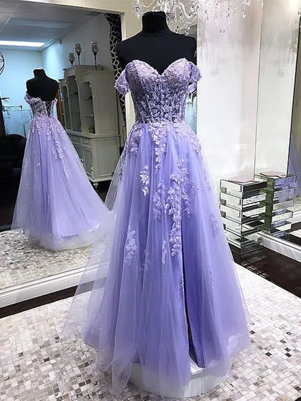 Off Shoulder Lavender Lace Long Prom Dresses Lilac Lace Formal Dresses Purple Evening Dresses