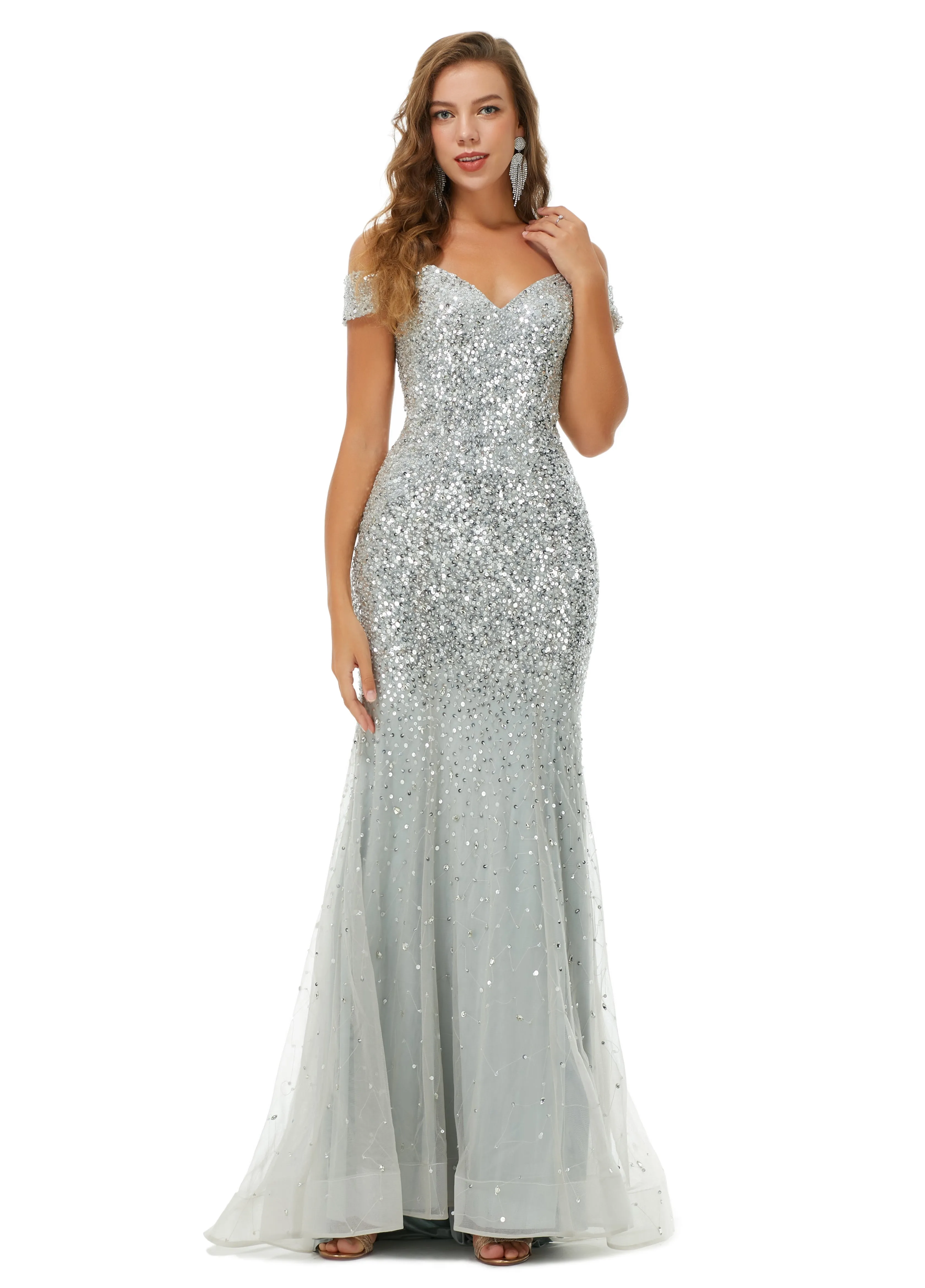 Off Shoulder Mermaid Evening Dresses, Luxurious Silver Bead Trumpet Formal Prom Dress