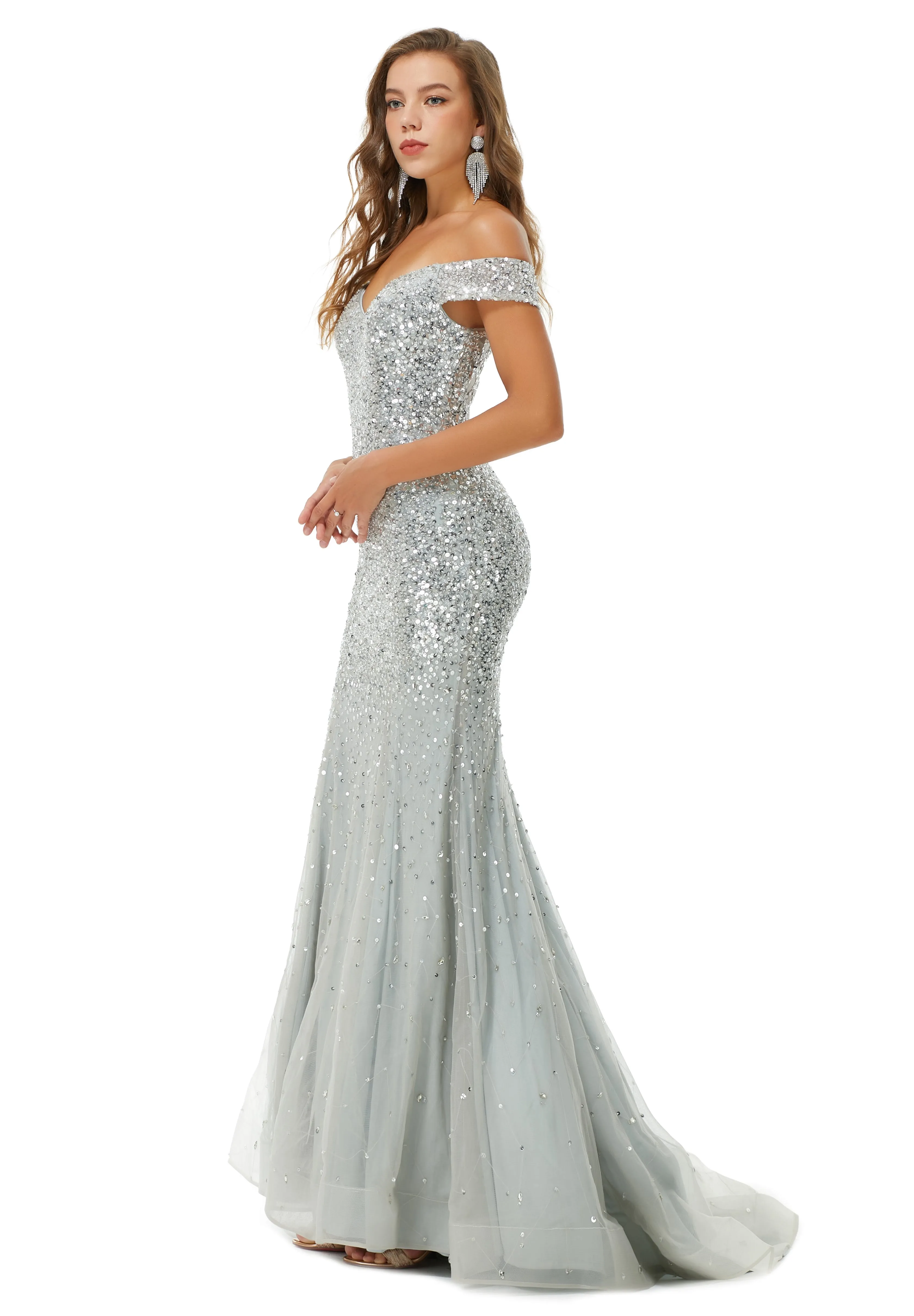 Off Shoulder Mermaid Evening Dresses, Luxurious Silver Bead Trumpet Formal Prom Dress