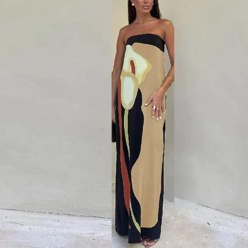 Off Shoulder Women's Evening Ladies Strapless High Waist Long Club Party Pattern Printed Slim Summer Floral Elegant Dress