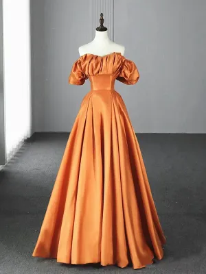 Off the Shoulder Orange Satin Long Prom Dresses, Orange Long Satin Formal Evening Dresses