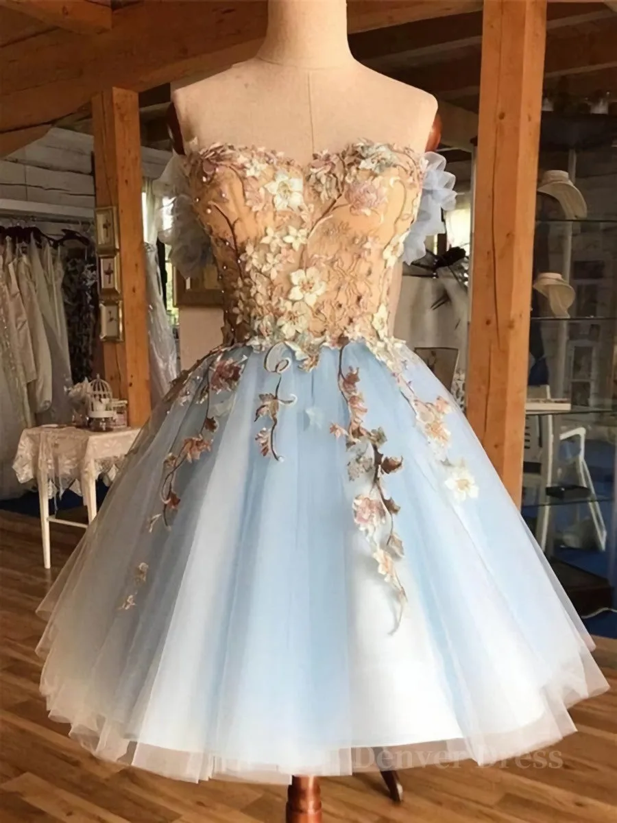 Off the Shoulder Short Blue Lace Floral Prom Dresses Off the Shoulder Short Blue Lace Graduation Homecoming Dresses