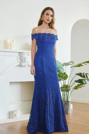 Off-the-Shoulder Trumpet Bridesmaid Dress Floral Lace Beadings Long Evening Dress