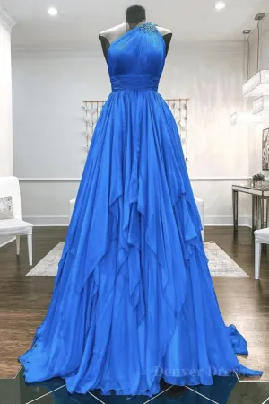 One Shoulder Backless Blue Chiffon Long Prom Dress Beaded Blue Long Formal Evening Dress