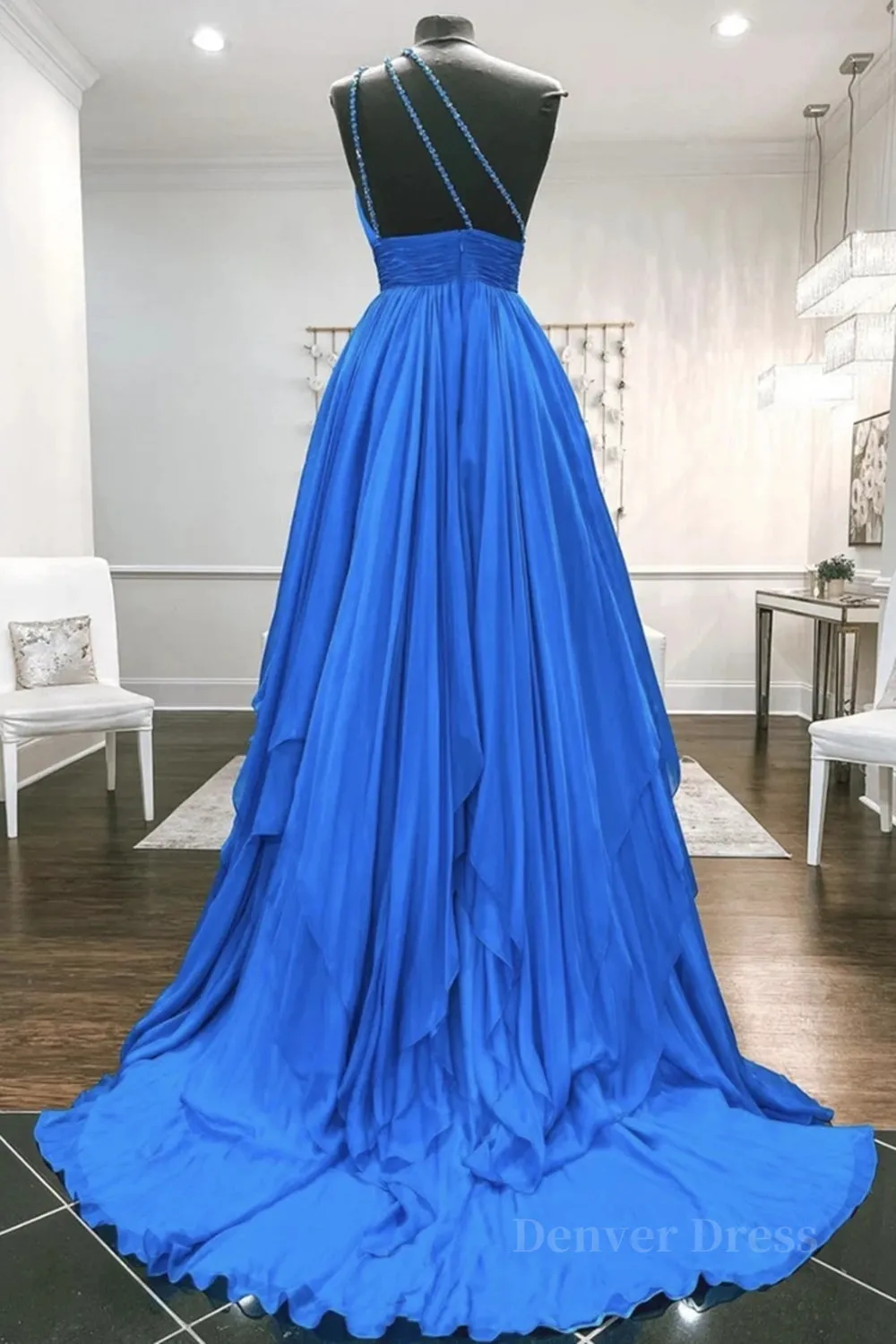One Shoulder Backless Blue Chiffon Long Prom Dress Beaded Blue Long Formal Evening Dress