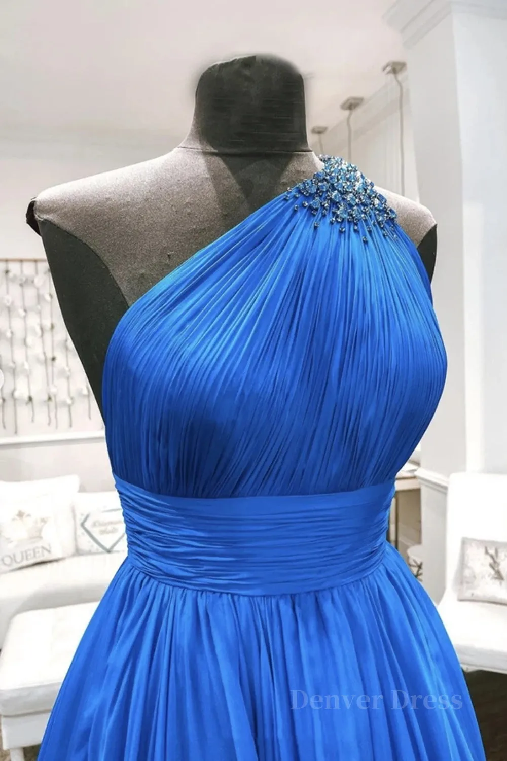 One Shoulder Backless Blue Chiffon Long Prom Dress Beaded Blue Long Formal Evening Dress
