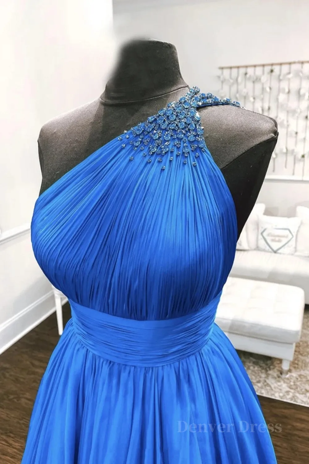 One Shoulder Backless Blue Chiffon Long Prom Dress Beaded Blue Long Formal Evening Dress