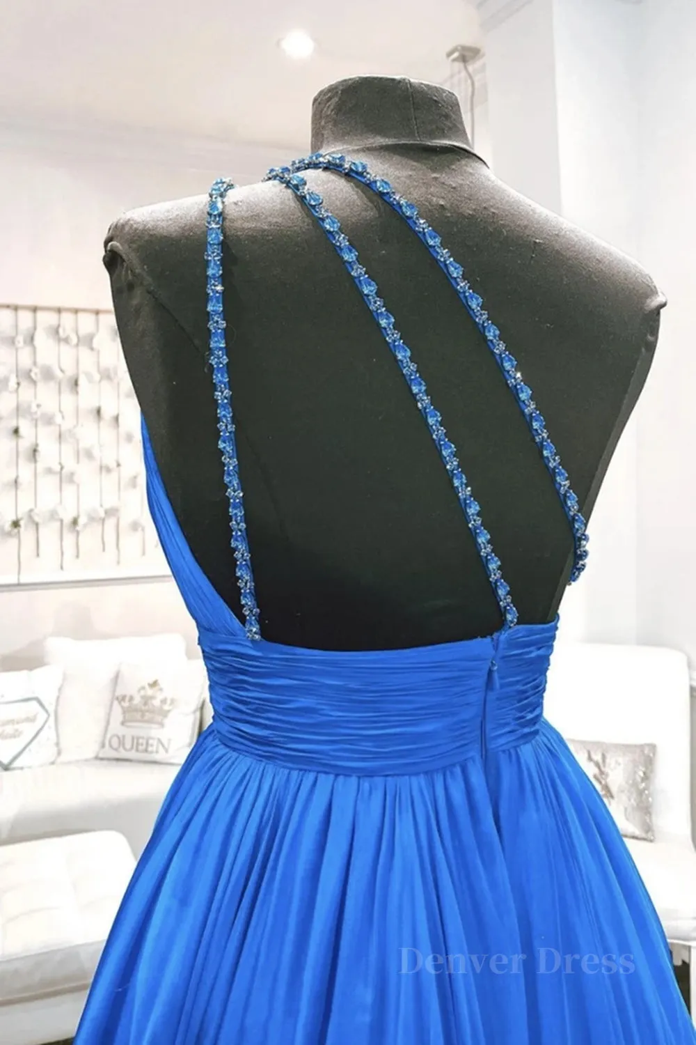One Shoulder Backless Blue Chiffon Long Prom Dress Beaded Blue Long Formal Evening Dress