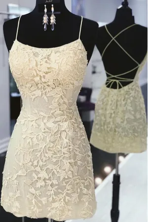 Open Back Spaghetti Straps Sheath Lace Short Prom Dress Homecoming Dresses Hoco Gowns 5853