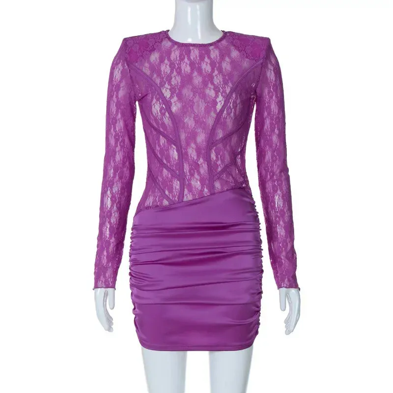 Patchwork Sheer Long Sleeve Backless Mini Dress with Lace