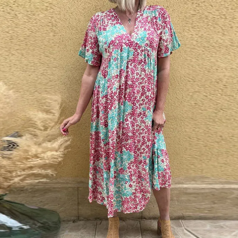 Pattern Print Beach Elegant Lady Waist A-Line Pullover V Neck Short Sleeve Pleat Floral Casual Dress