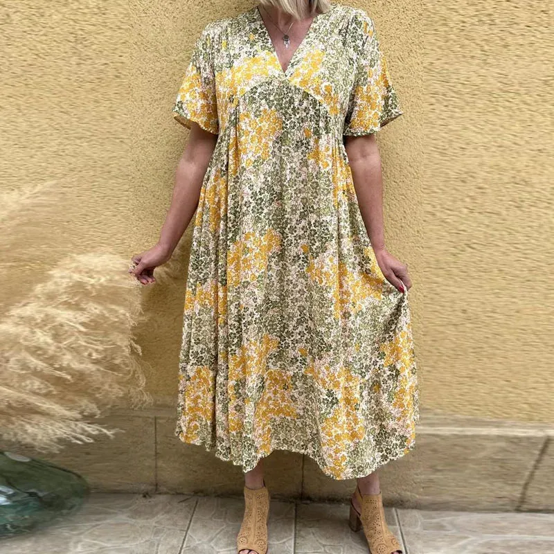 Pattern Print Beach Elegant Lady Waist A-Line Pullover V Neck Short Sleeve Pleat Floral Casual Dress