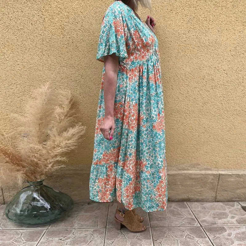 Pattern Print Beach Elegant Lady Waist A-Line Pullover V Neck Short Sleeve Pleat Floral Casual Dress