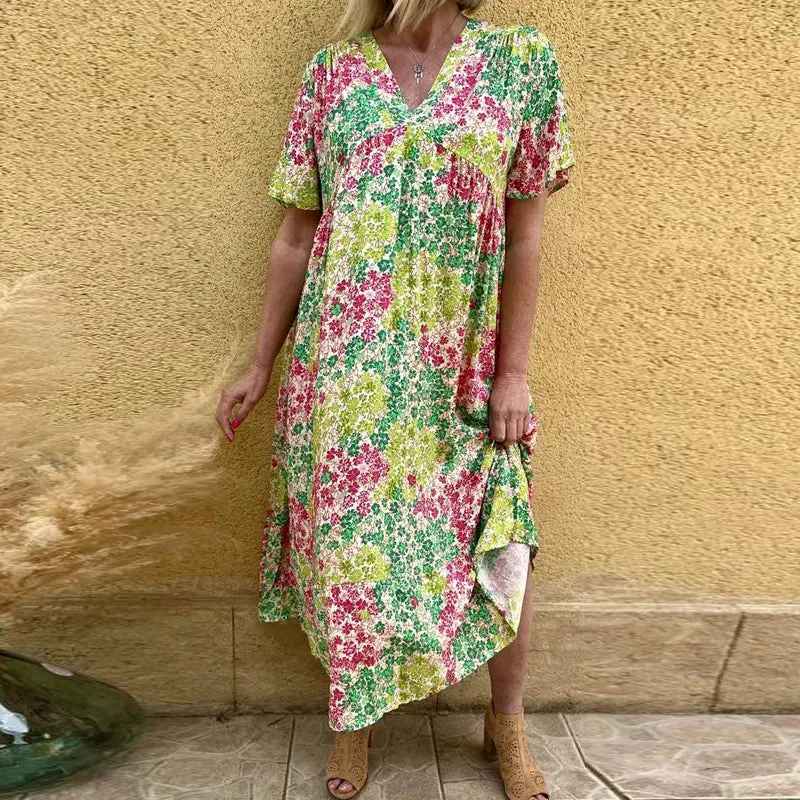 Pattern Print Beach Elegant Lady Waist A-Line Pullover V Neck Short Sleeve Pleat Floral Casual Dress