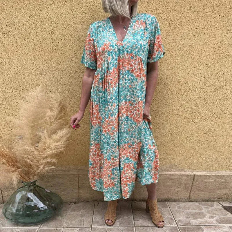 Pattern Print Beach Elegant Lady Waist A-Line Pullover V Neck Short Sleeve Pleat Floral Casual Dress