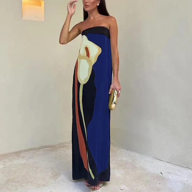 Pattern Printed Slim Elegant Off Shoulder Evening Summer Strapless Dress