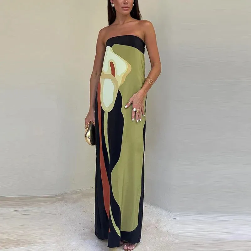 Pattern Printed Slim Elegant Off Shoulder Evening Summer Strapless Dress