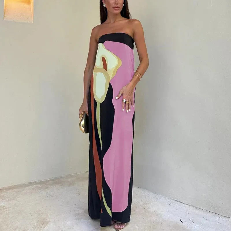 Pattern Printed Slim Elegant Off Shoulder Evening Summer Strapless Dress