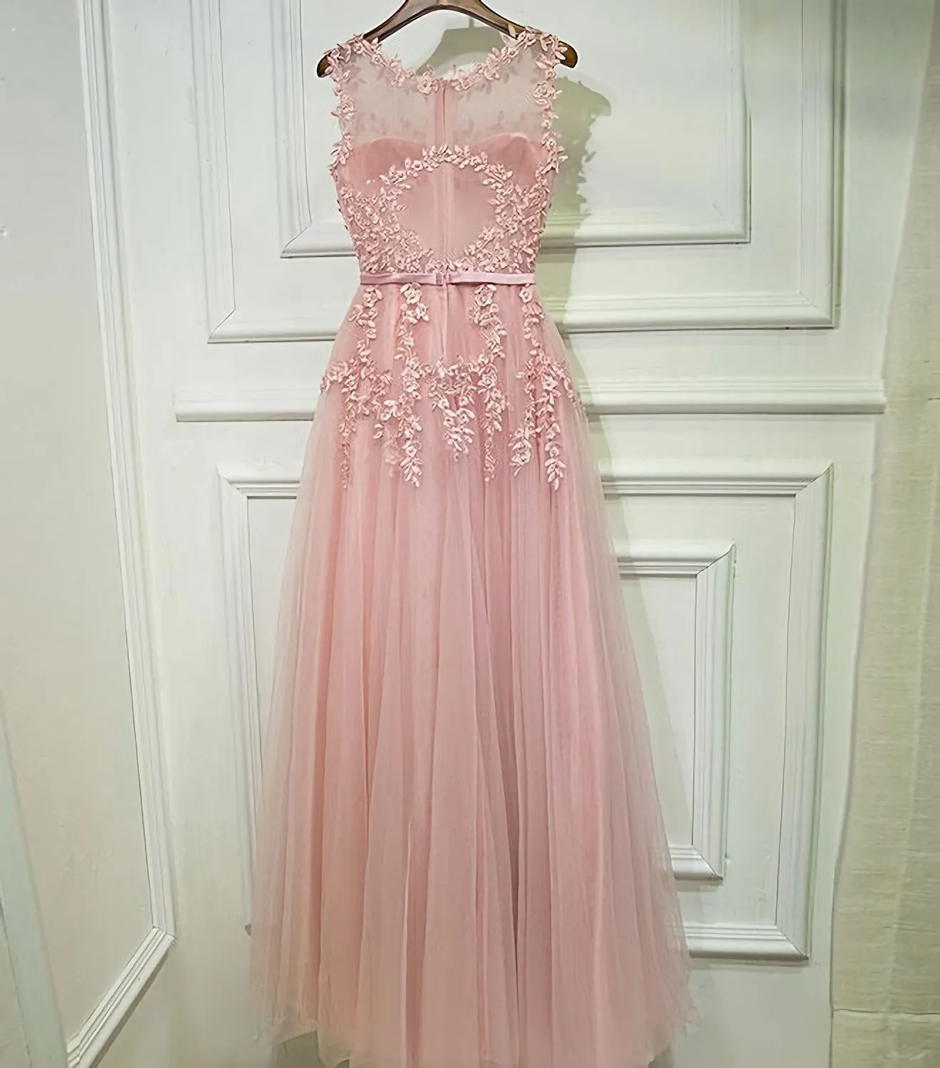 Pink Lace Tulle Long A Line Prom Dress, Pink Evening Dress, 1