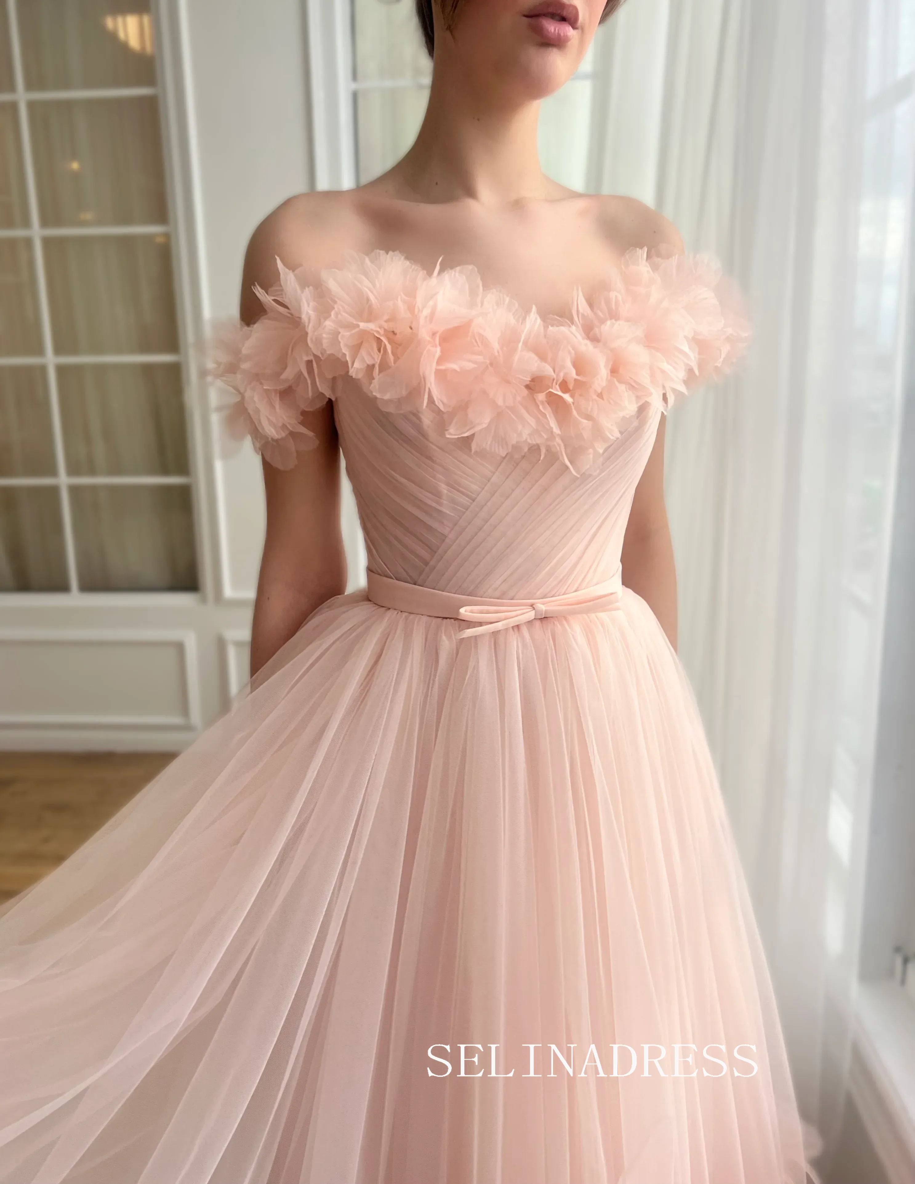 Pink Off-the-shoulder Short Wedding Dress Tea Length Tulle Prom Dresses Princess Evening Gowns EWR314