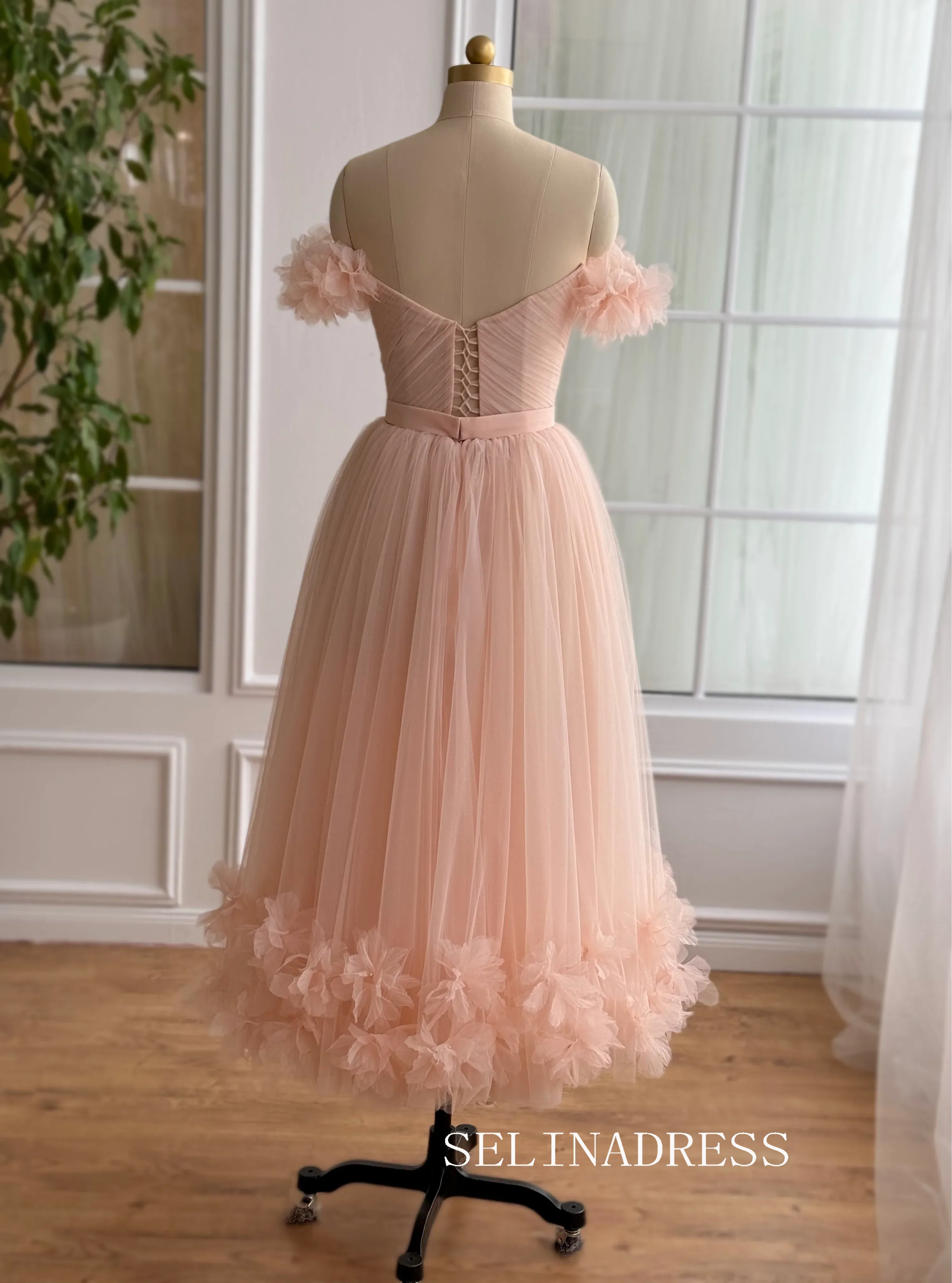 Pink Off-the-shoulder Short Wedding Dress Tea Length Tulle Prom Dresses Princess Evening Gowns EWR314