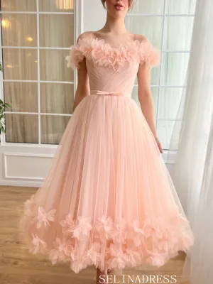 Pink Off-the-shoulder Short Wedding Dress Tea Length Tulle Prom Dresses Princess Evening Gowns EWR314