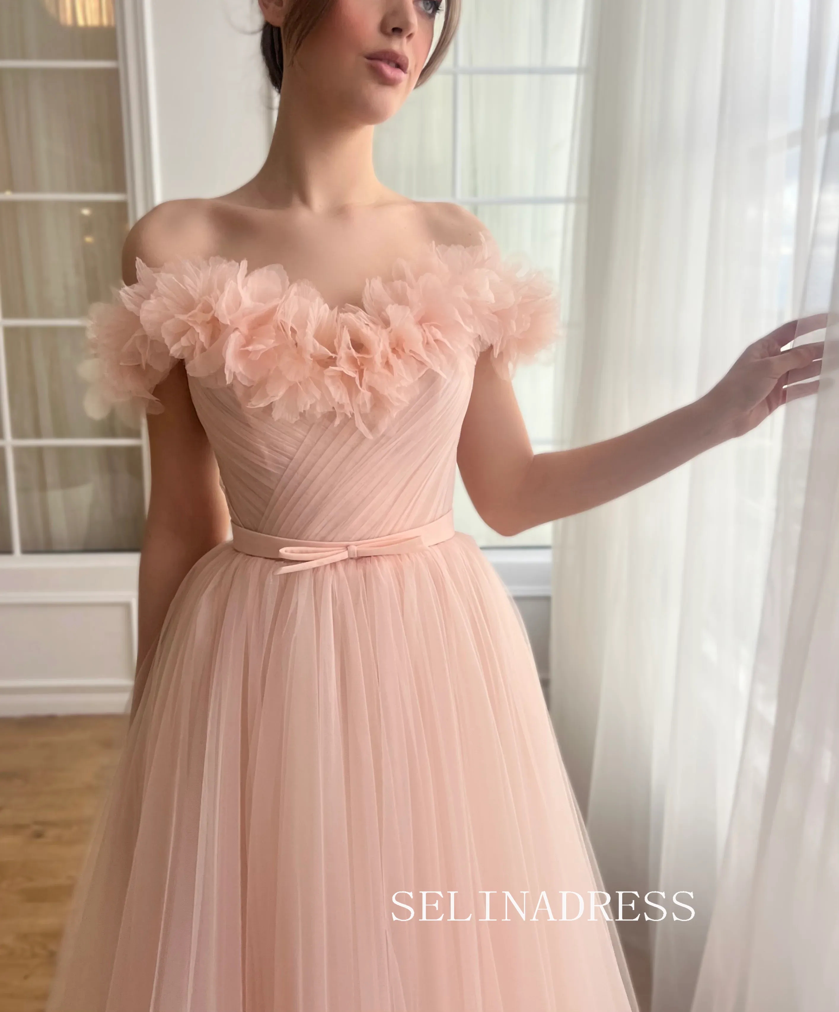 Pink Off-the-shoulder Short Wedding Dress Tea Length Tulle Prom Dresses Princess Evening Gowns EWR314