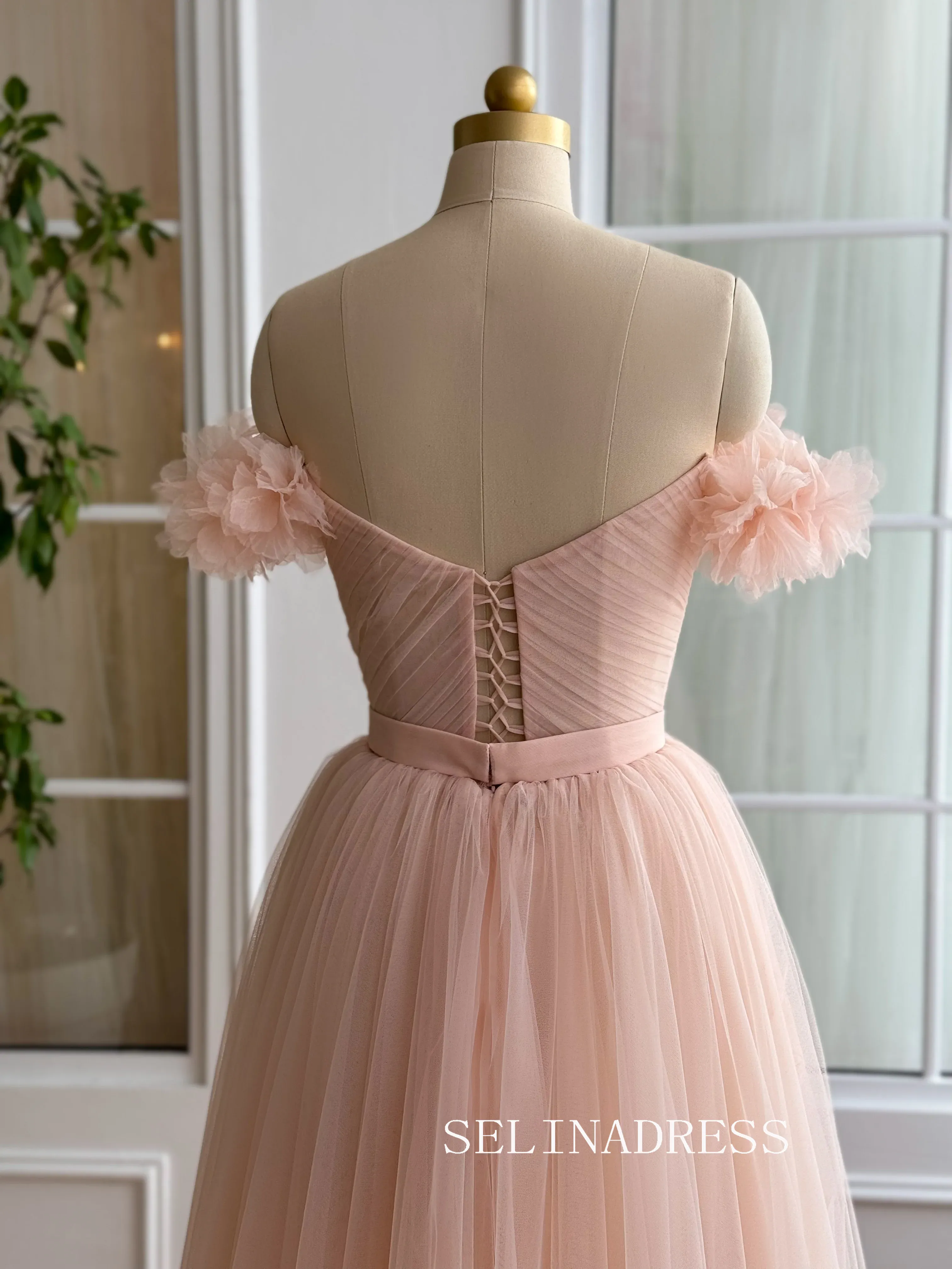 Pink Off-the-shoulder Short Wedding Dress Tea Length Tulle Prom Dresses Princess Evening Gowns EWR314