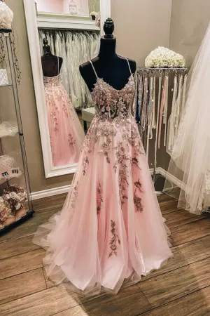 Pink Tulle Lace Long Prom Dresses Lovely A-Line Evening Dresses