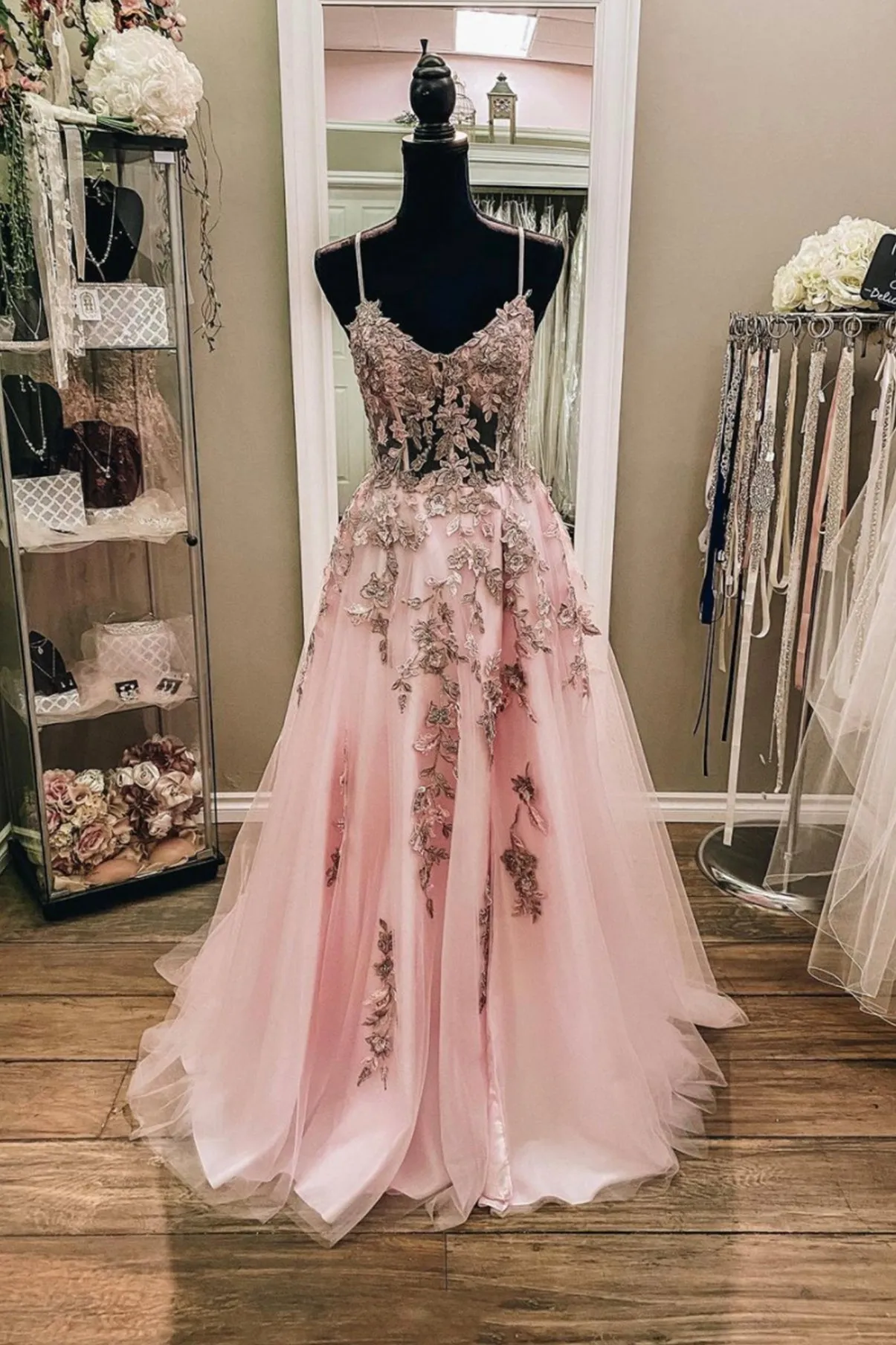 Pink Tulle Lace Long Prom Dresses Lovely A-Line Evening Dresses