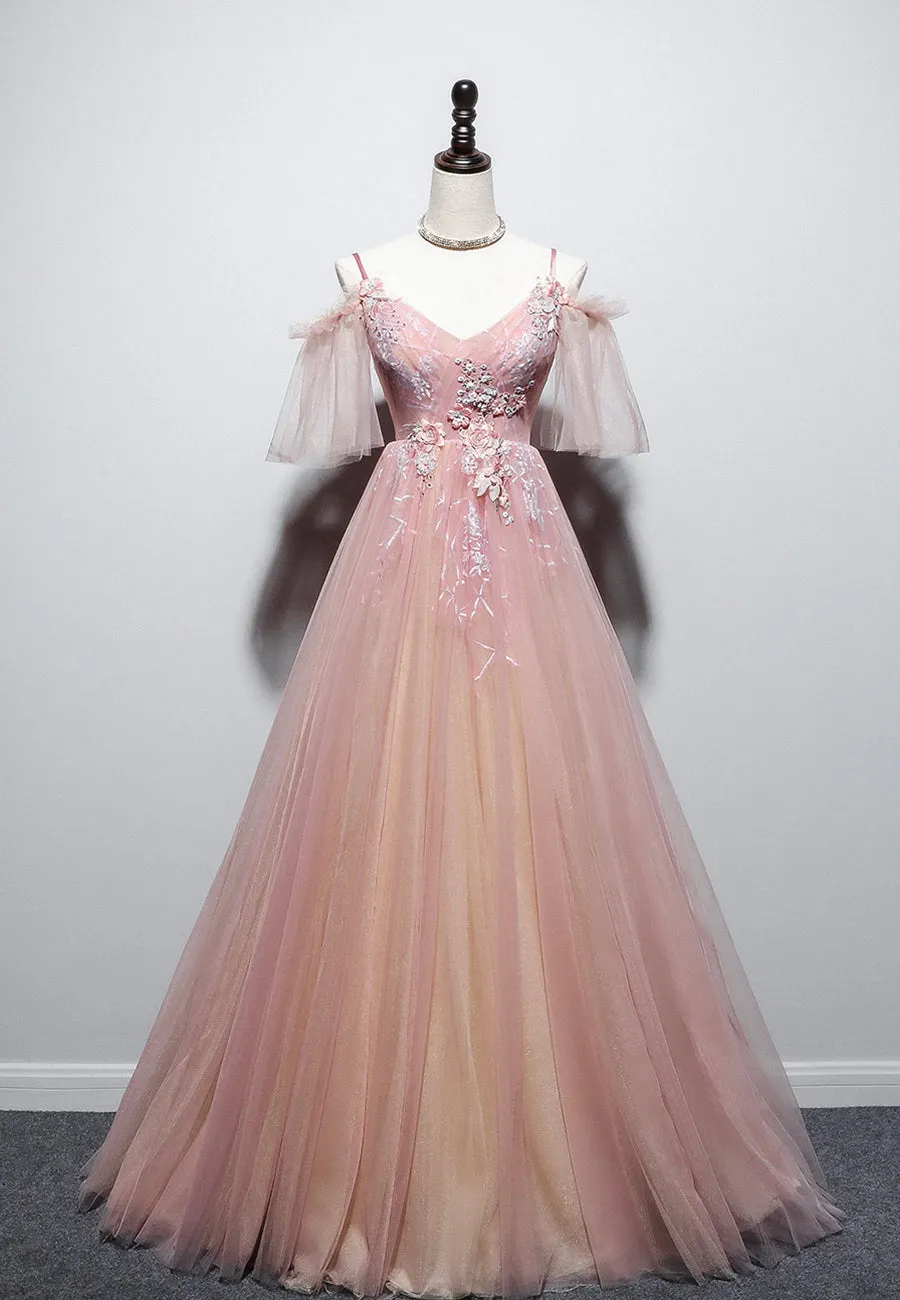 Pink V-Neck Lace Long Prom Dresses A-Line Evening Dresses