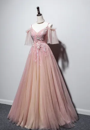 Pink V-Neck Lace Long Prom Dresses A-Line Evening Dresses