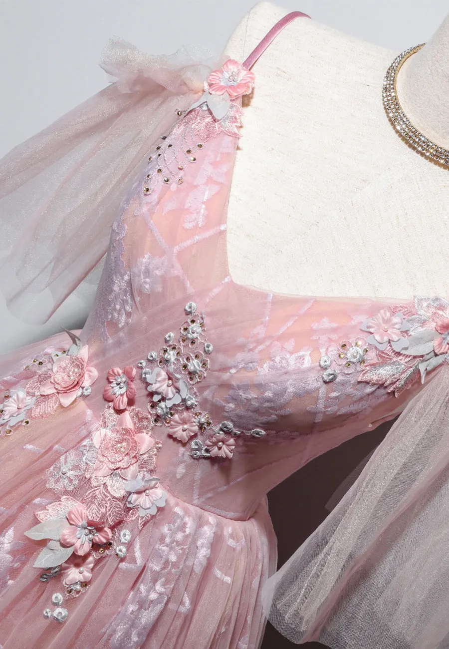 Pink V-Neck Lace Long Prom Dresses A-Line Evening Dresses