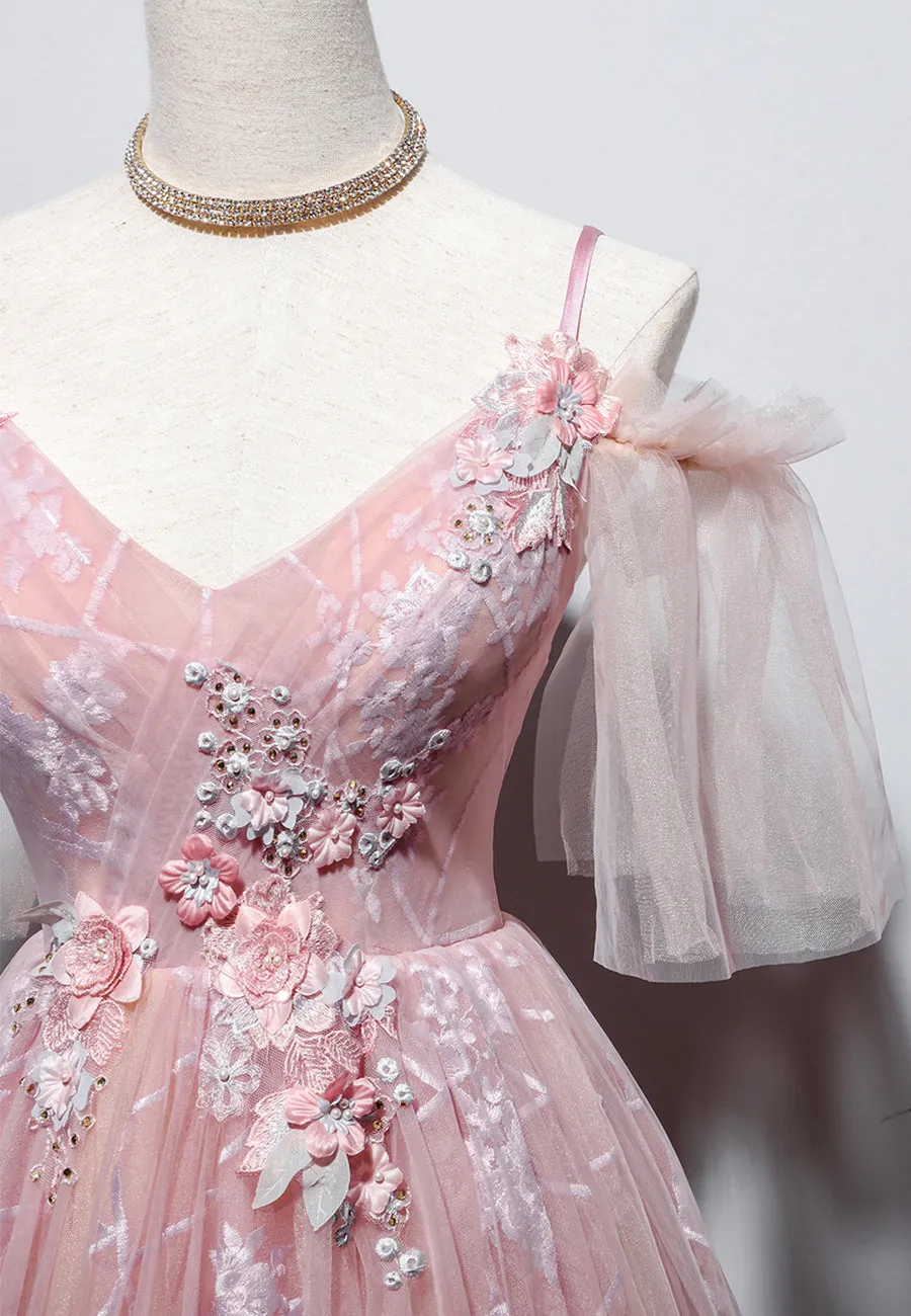 Pink V-Neck Lace Long Prom Dresses A-Line Evening Dresses