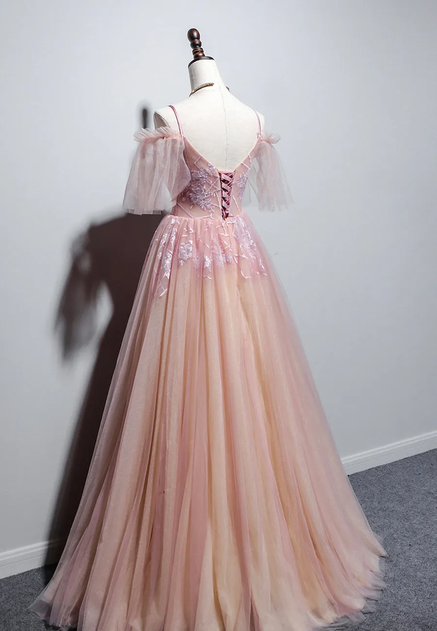 Pink V-Neck Lace Long Prom Dresses A-Line Evening Dresses