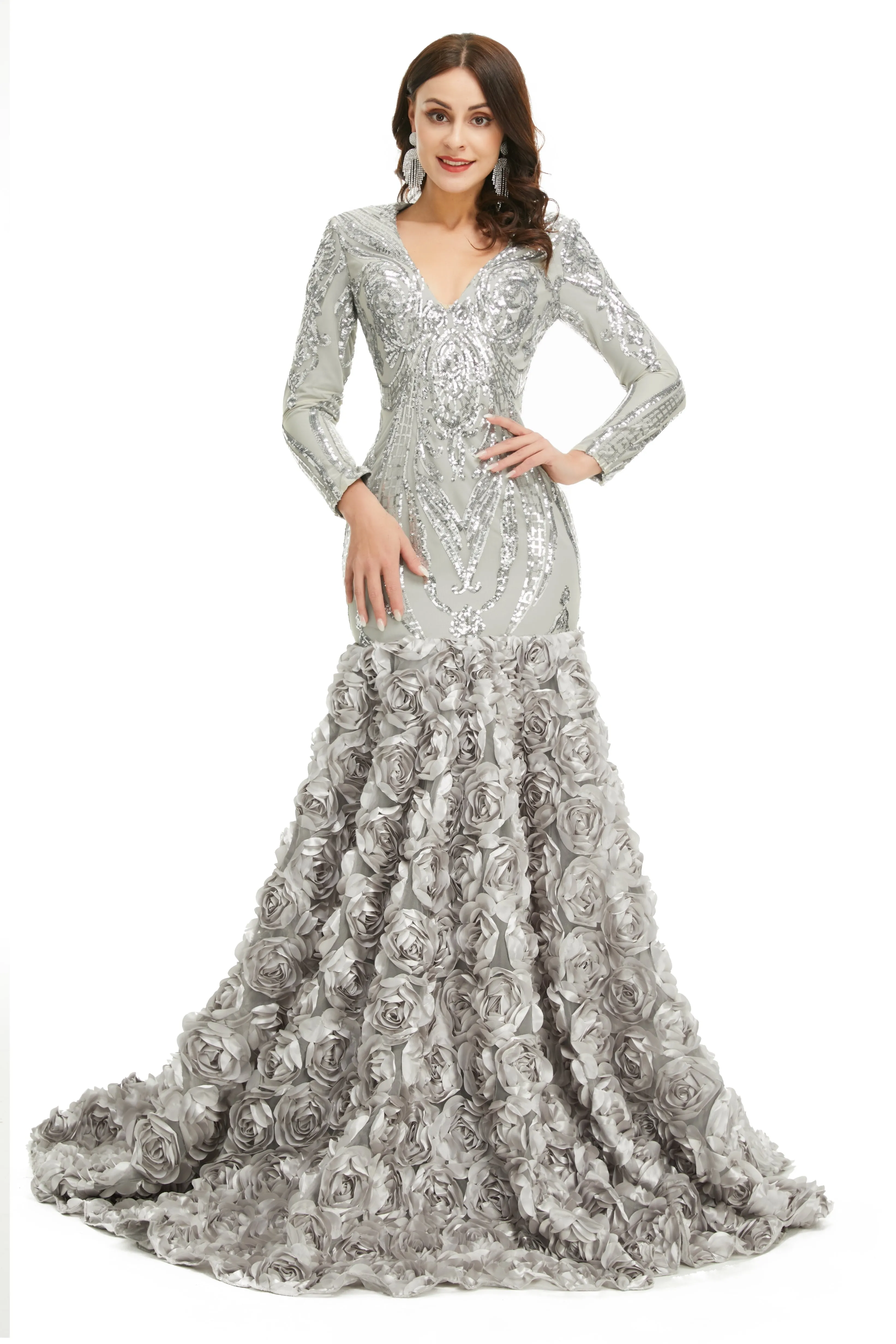 Prom Dresses Long V Neck Prom Gowns Full Sleeve Formal Dresses Floor Length Dresses 2023