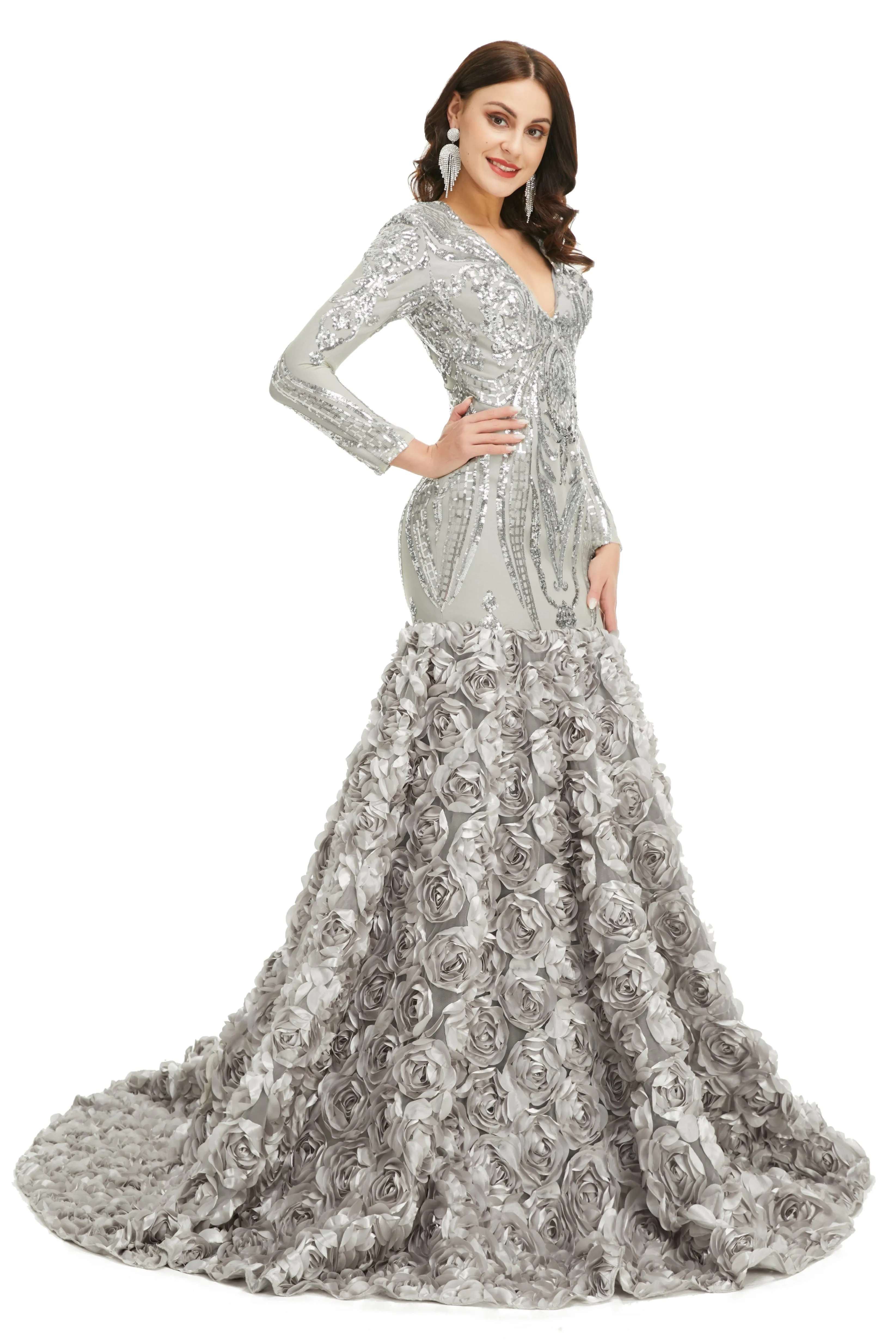Prom Dresses Long V Neck Prom Gowns Full Sleeve Formal Dresses Floor Length Dresses 2023